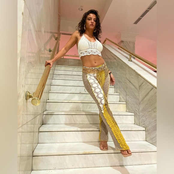 Jaded London Yellow White Crochet Knit Boho Bohemian Lace Low Rise Pants - Picture 8 of 12